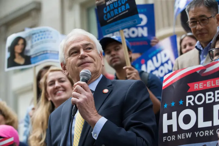 Robert Holden, New York City Council and Sponsor of Bill 573, speaks as  protesters gather for a memorial for Ryder, a NYC Carriage Horse, at the  place where he collapsed and died